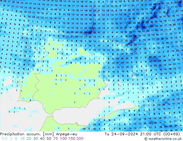 Precipitation accum. Arpege-eu mar 24.09.2024 21 UTC