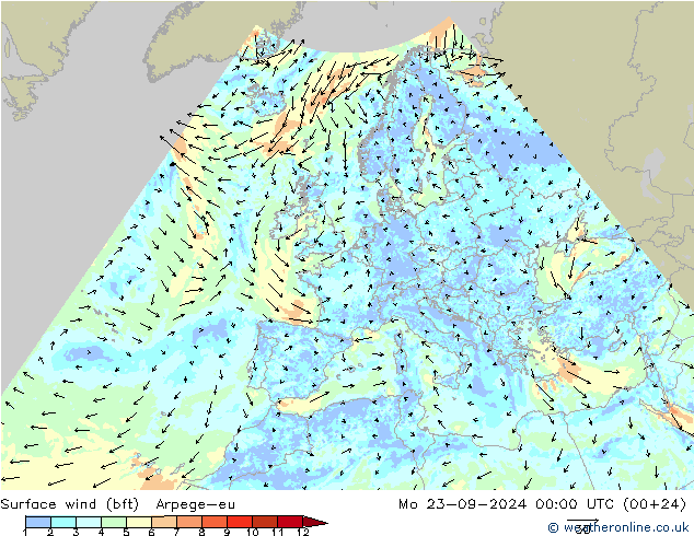 Wind 10 m (bft) Arpege-eu ma 23.09.2024 00 UTC