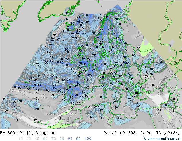 RH 850 hPa Arpege-eu Qua 25.09.2024 12 UTC