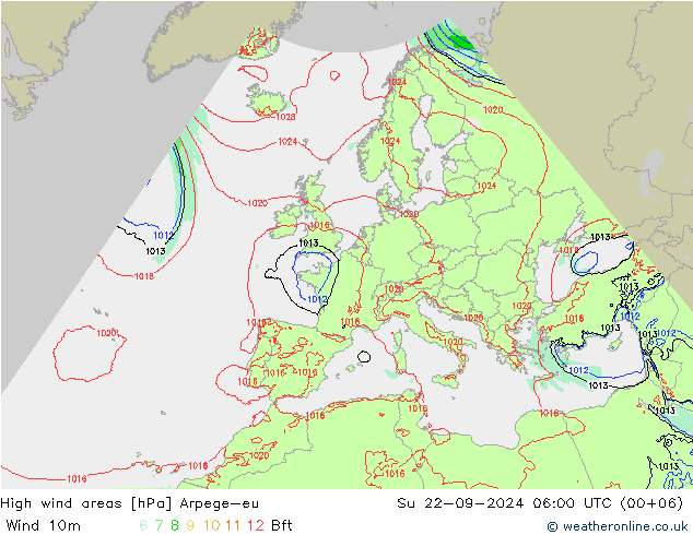 High wind areas Arpege-eu dom 22.09.2024 06 UTC