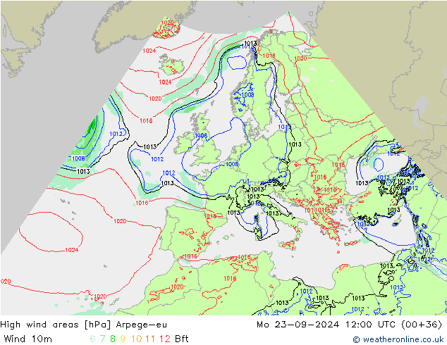 High wind areas Arpege-eu lun 23.09.2024 12 UTC