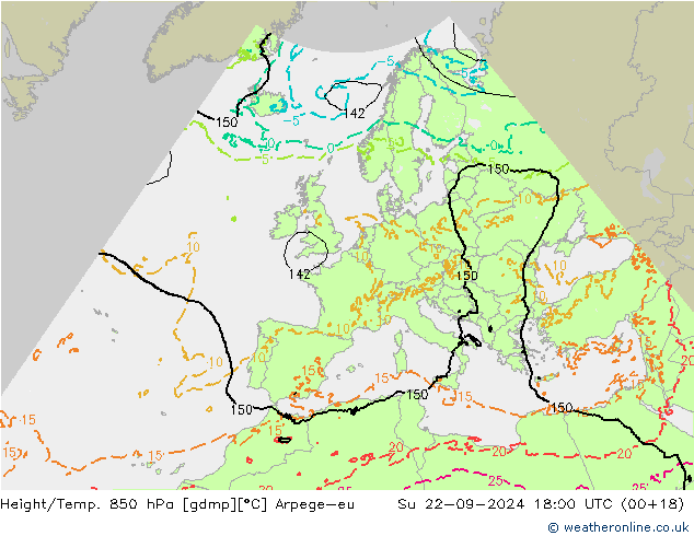 Height/Temp. 850 hPa Arpege-eu 星期日 22.09.2024 18 UTC