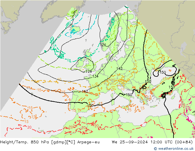 Height/Temp. 850 гПа Arpege-eu ср 25.09.2024 12 UTC