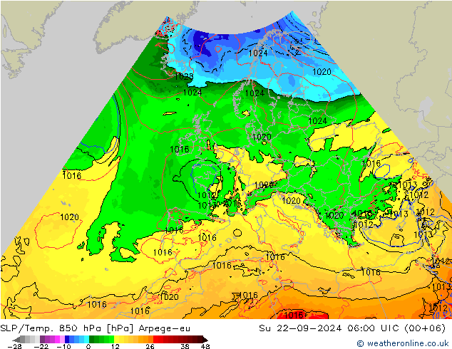 SLP/Temp. 850 hPa Arpege-eu zo 22.09.2024 06 UTC