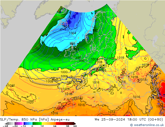 SLP/Temp. 850 hPa Arpege-eu Qua 25.09.2024 18 UTC