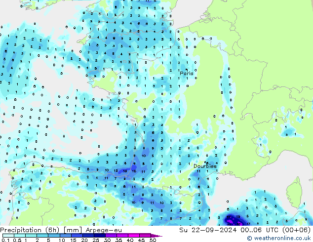 Precipitazione (6h) Arpege-eu dom 22.09.2024 06 UTC