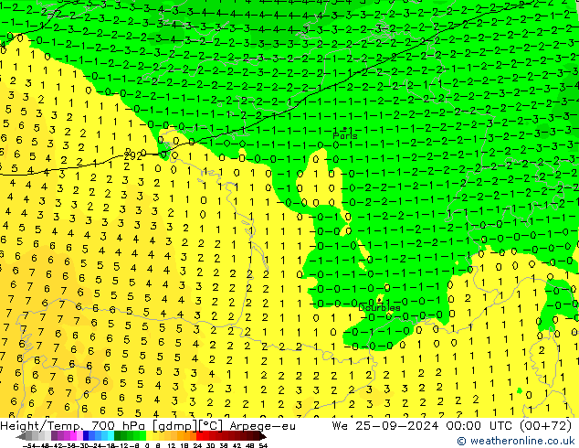 Height/Temp. 700 hPa Arpege-eu Mi 25.09.2024 00 UTC