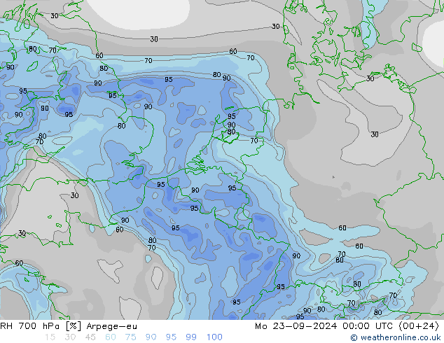 RH 700 hPa Arpege-eu 星期一 23.09.2024 00 UTC