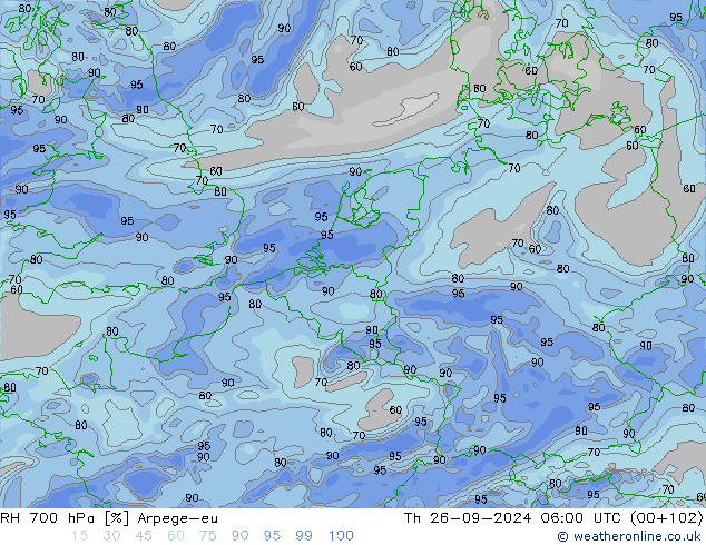 RH 700 hPa Arpege-eu Qui 26.09.2024 06 UTC