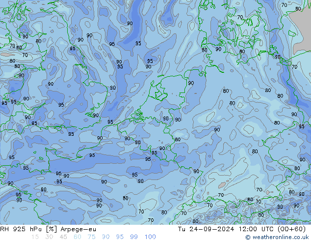 RH 925 hPa Arpege-eu 星期二 24.09.2024 12 UTC