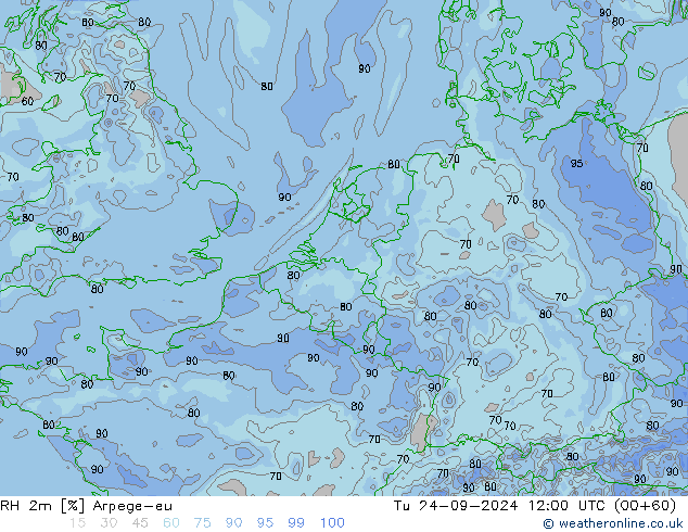 RH 2m Arpege-eu 星期二 24.09.2024 12 UTC