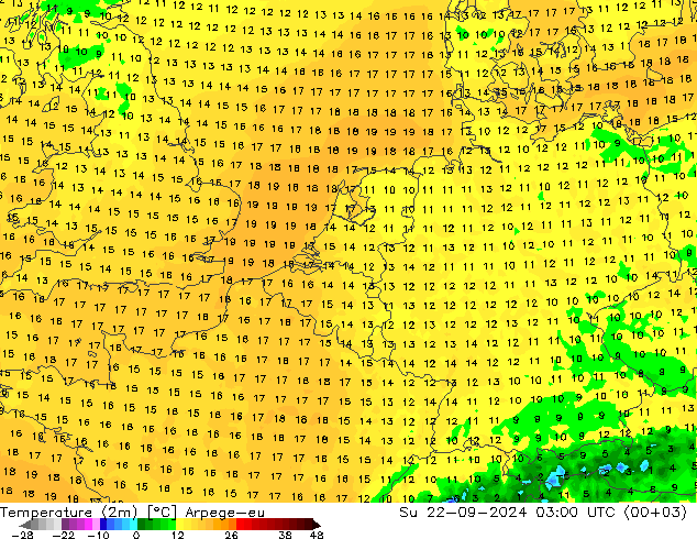 Temperatuurkaart (2m) Arpege-eu zo 22.09.2024 03 UTC