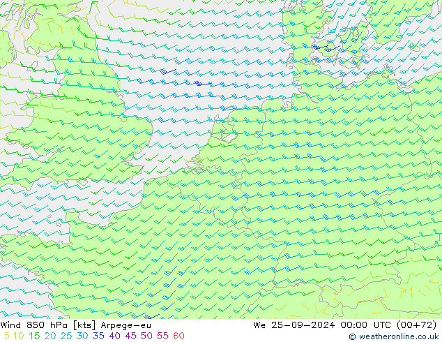 Wind 850 hPa Arpege-eu St 25.09.2024 00 UTC