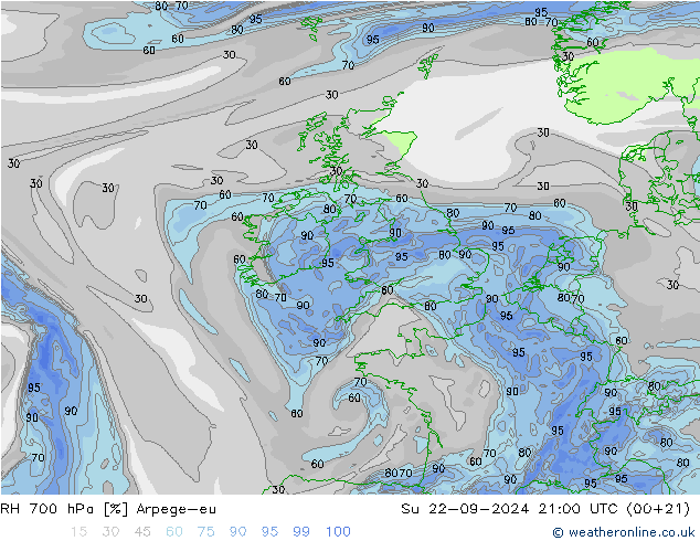 RH 700 hPa Arpege-eu Su 22.09.2024 21 UTC