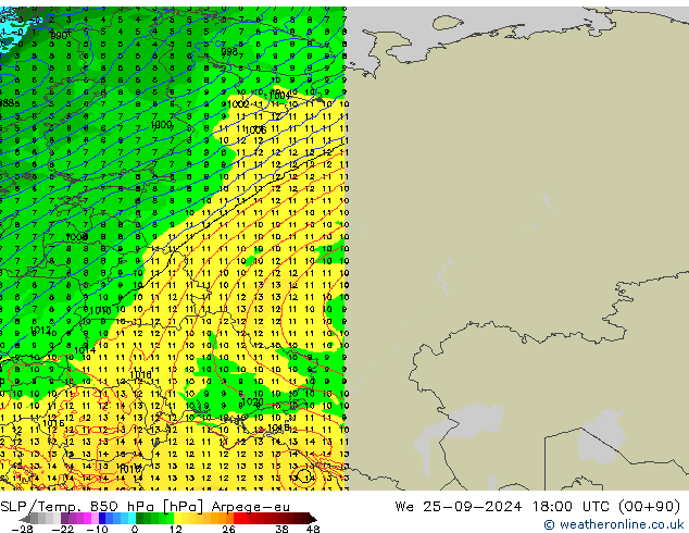 SLP/Temp. 850 hPa Arpege-eu St 25.09.2024 18 UTC