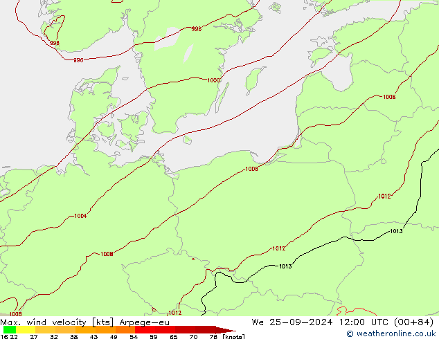 Max. wind velocity Arpege-eu mié 25.09.2024 12 UTC