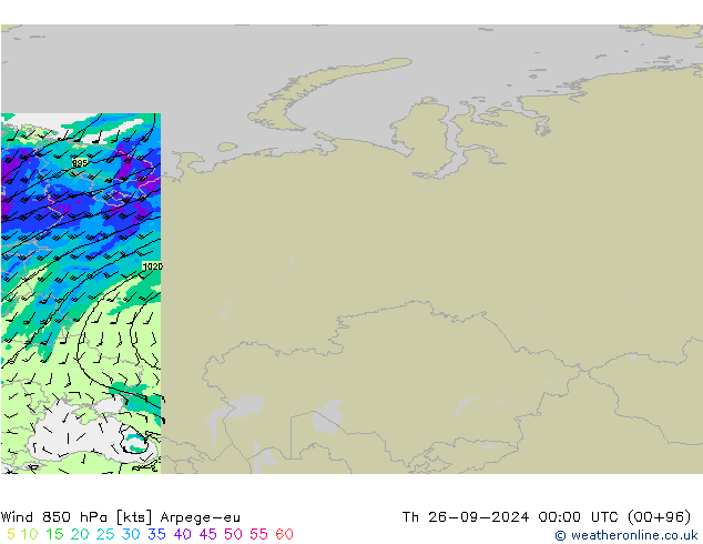 Wind 850 hPa Arpege-eu Th 26.09.2024 00 UTC