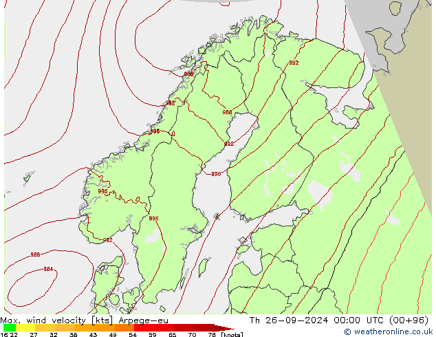 Max. wind velocity Arpege-eu Qui 26.09.2024 00 UTC