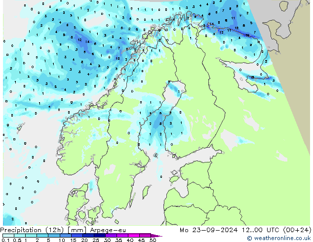 降水量 (12h) Arpege-eu 星期一 23.09.2024 00 UTC