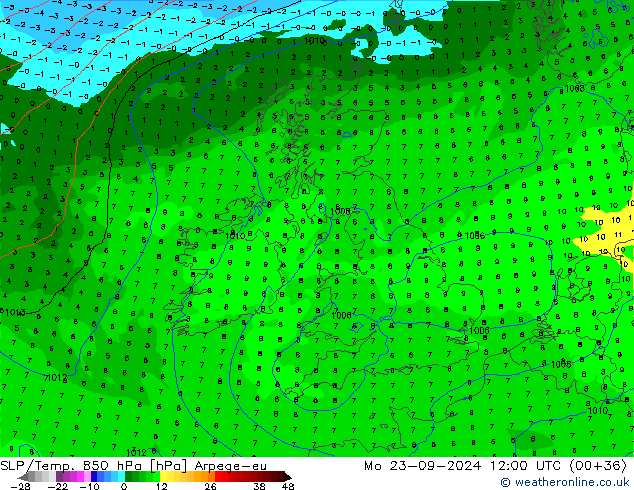 SLP/Temp. 850 hPa Arpege-eu ma 23.09.2024 12 UTC