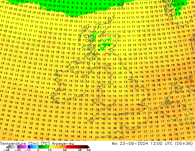 Temperature (2m) Arpege-eu Mo 23.09.2024 12 UTC