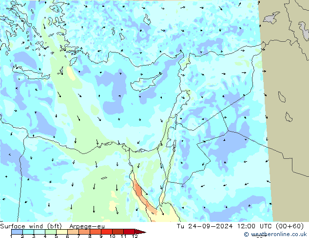 Vento 10 m (bft) Arpege-eu mar 24.09.2024 12 UTC