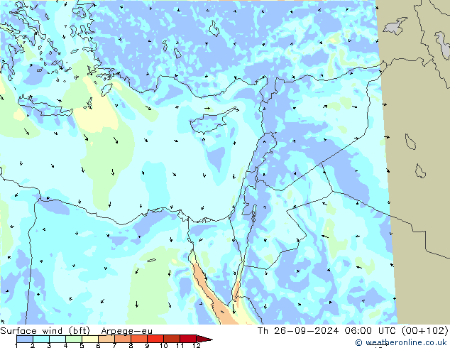 Surface wind (bft) Arpege-eu Th 26.09.2024 06 UTC