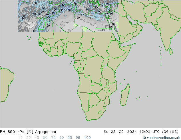 RH 850 hPa Arpege-eu Su 22.09.2024 12 UTC