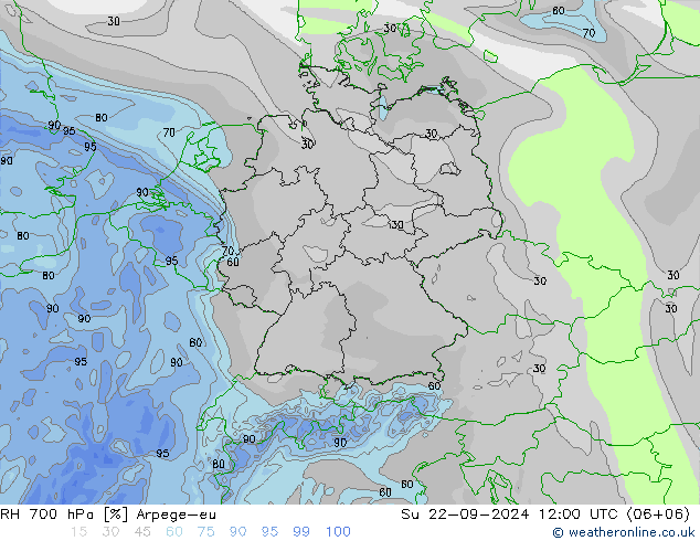 RH 700 hPa Arpege-eu 星期日 22.09.2024 12 UTC