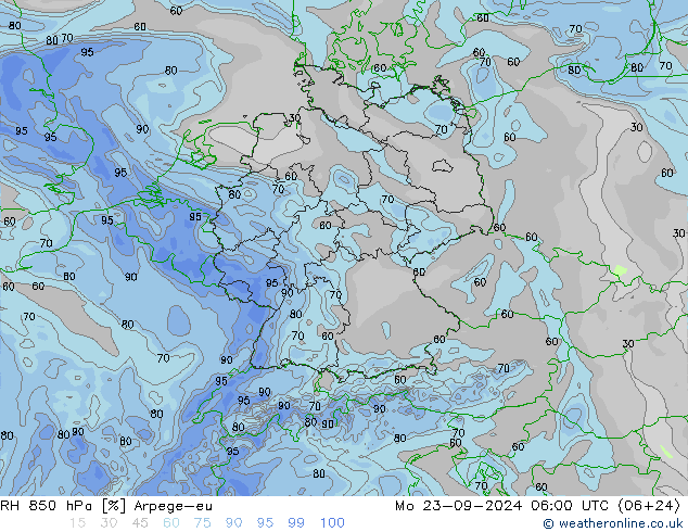 RH 850 hPa Arpege-eu 星期一 23.09.2024 06 UTC