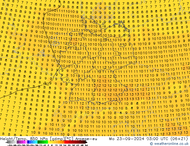 Height/Temp. 850 hPa Arpege-eu Mo 23.09.2024 03 UTC