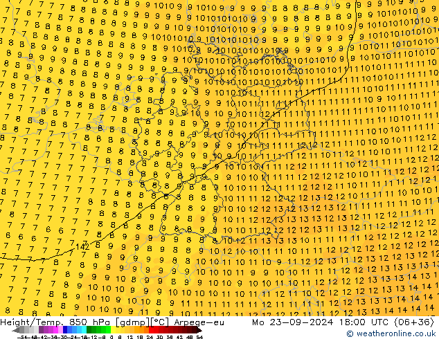 Geop./Temp. 850 hPa Arpege-eu lun 23.09.2024 18 UTC