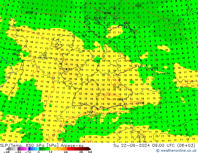 SLP/Temp. 850 hPa Arpege-eu 星期日 22.09.2024 09 UTC