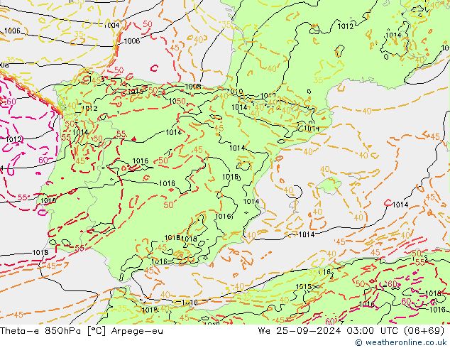 Theta-e 850hPa Arpege-eu mer 25.09.2024 03 UTC