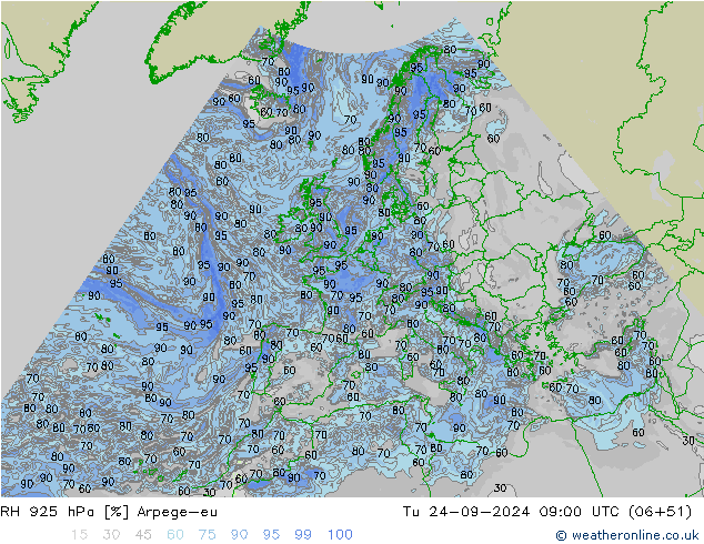 RH 925 hPa Arpege-eu Ter 24.09.2024 09 UTC