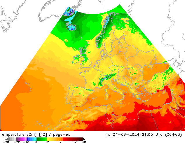 Temperatuurkaart (2m) Arpege-eu di 24.09.2024 21 UTC