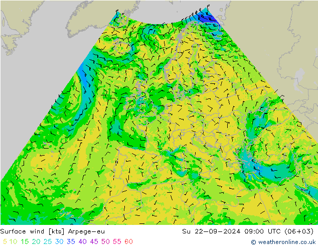 Viento 10 m Arpege-eu dom 22.09.2024 09 UTC