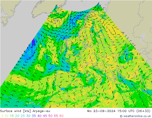 Vento 10 m Arpege-eu lun 23.09.2024 15 UTC