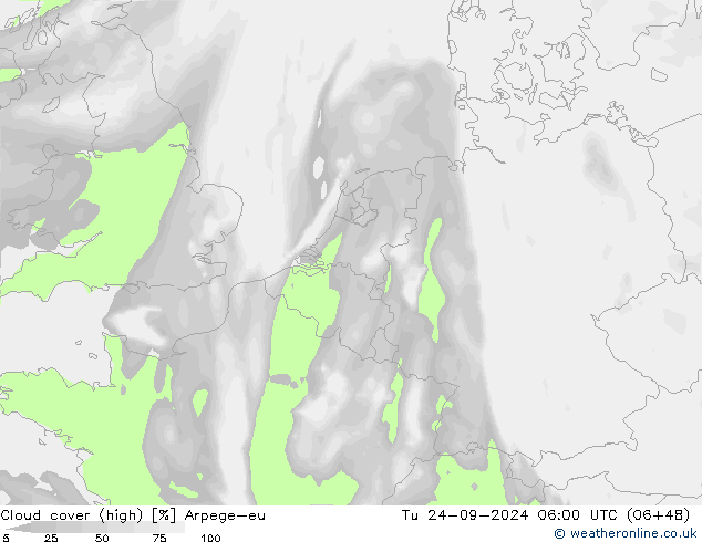 Cloud cover (high) Arpege-eu Tu 24.09.2024 06 UTC