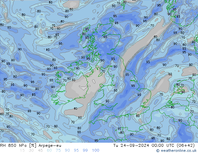 RH 850 гПа Arpege-eu вт 24.09.2024 00 UTC