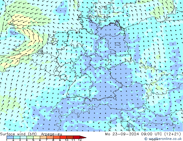 Surface wind (bft) Arpege-eu Mo 23.09.2024 09 UTC