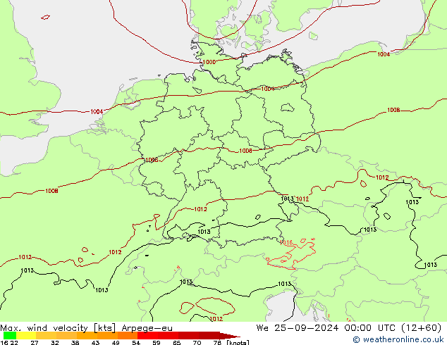 Max. wind velocity Arpege-eu śro. 25.09.2024 00 UTC