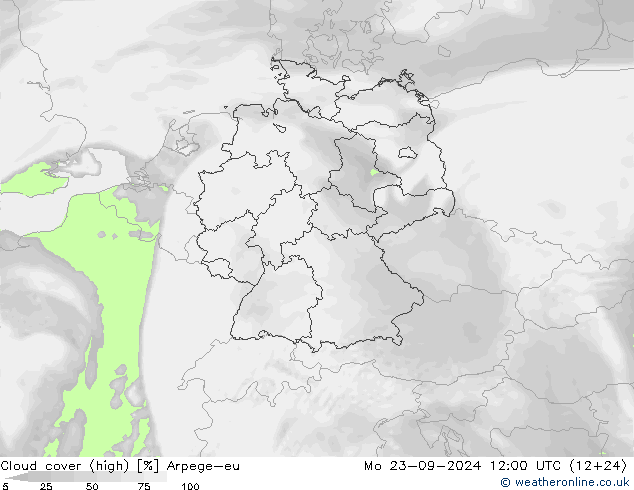 Cloud cover (high) Arpege-eu Mo 23.09.2024 12 UTC