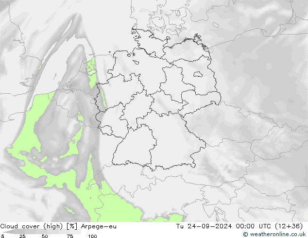 Cloud cover (high) Arpege-eu Tu 24.09.2024 00 UTC