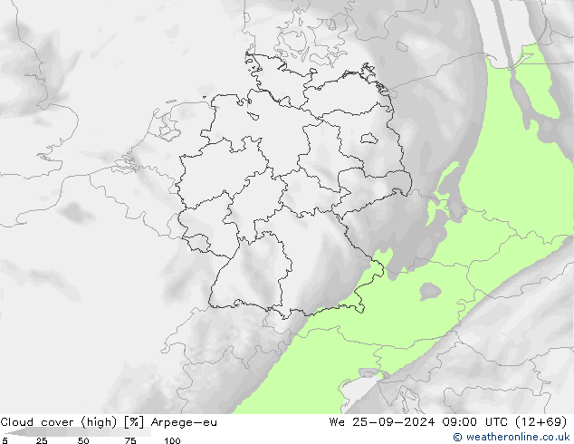 Nuages (élevé) Arpege-eu mer 25.09.2024 09 UTC