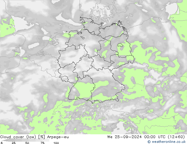 Cloud cover (low) Arpege-eu We 25.09.2024 00 UTC