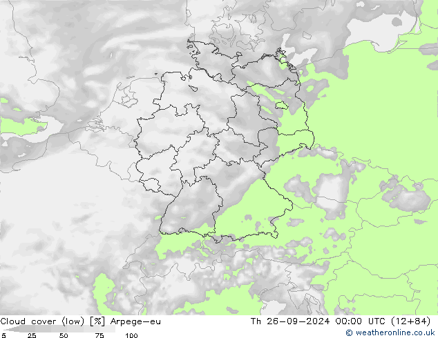 Cloud cover (low) Arpege-eu Th 26.09.2024 00 UTC