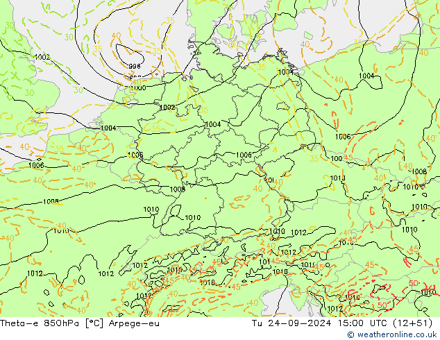 Theta-e 850hPa Arpege-eu Út 24.09.2024 15 UTC