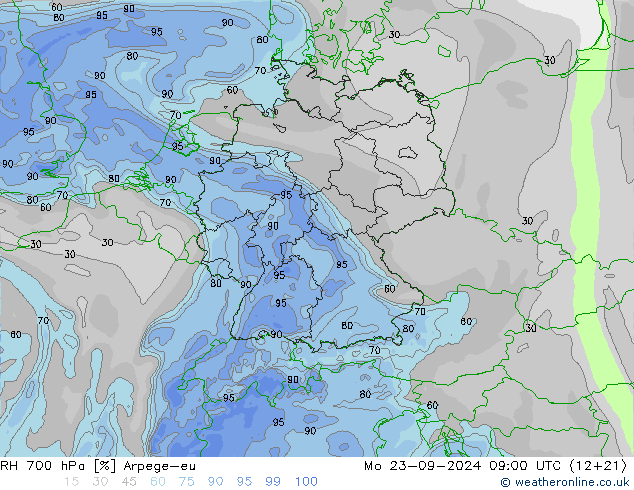 RH 700 hPa Arpege-eu pon. 23.09.2024 09 UTC