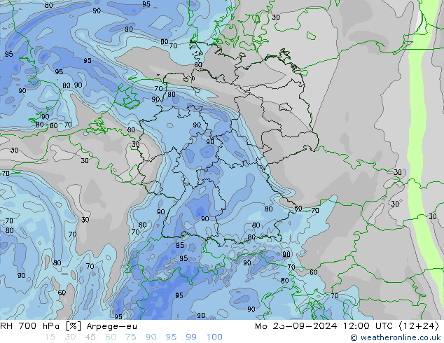 RH 700 hPa Arpege-eu pon. 23.09.2024 12 UTC